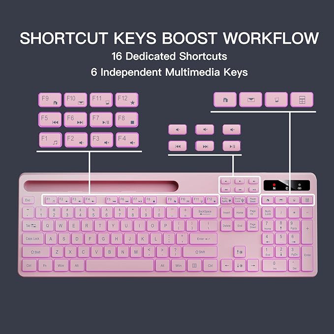 Wireless Keyboard with 7-Color RGB Backlit Full-Size Computer Keyboard with Phone Tablet Holder 2.4G Rechargeable Gaming Keyboard with Light Up Keys Compatible with Mac Windows (Pink)