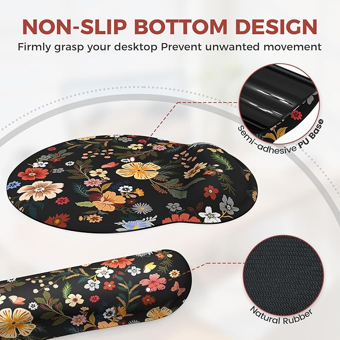 iCasso Desk Cover Mat 4in1 Floral Large Mouse Pad with Wrist Rest Desk Matt for Desktop Anti-Slip XXL Big Computer Ergonomic Mousepad with Wrist Support for Keyboard and Mouse (Flowers)