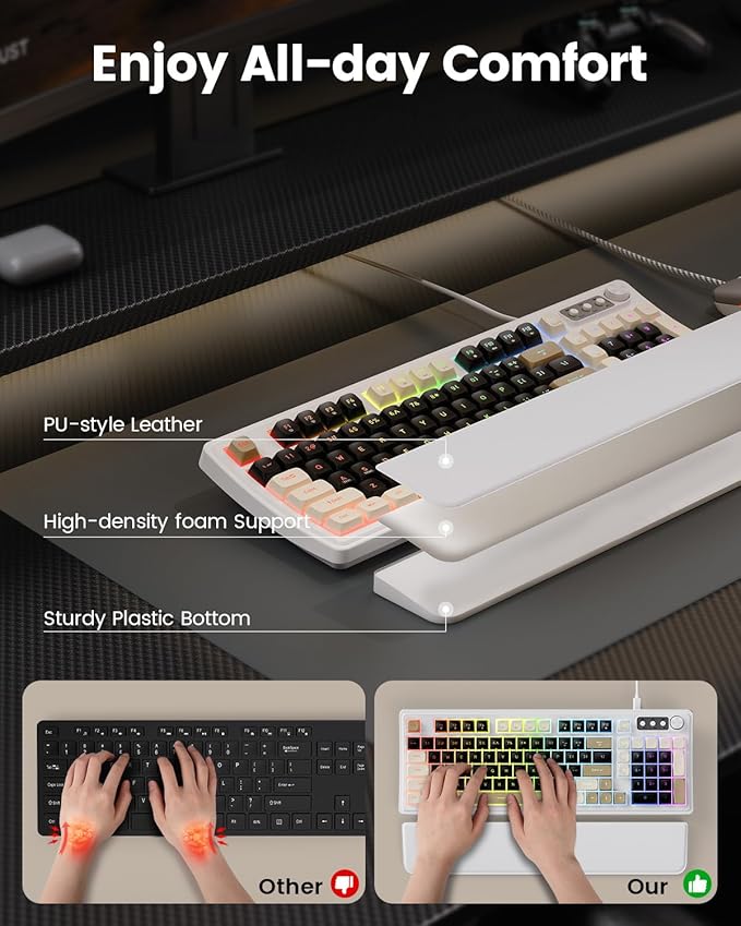 SABLUTE Wired Gaming Keyboard and Mouse RGB Backlit Mechanical Feel PC Gaming Keyboards Multimedia Knob&amp Anti-Ghosting Ergonomic Premium Leather Wrist Rest for Game (White)