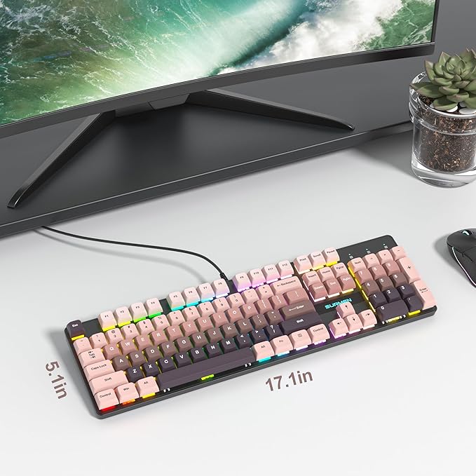 Wired Full Size Pink Mechanical Keyboard 104 Keys Creamy Keyboard with Number Pad RGB Gaming Keyboards Linear Red Switch NKRO for Windows Laptop PC Gamer(104 Black Pink)