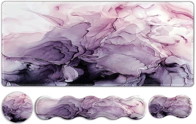 Gaming Mouse Pad Keyboard Wrist Support 4 in1 Mousepad Set with Wrist Keyboard Rest Computer Desk Mat Non-Slip Desk Pad Protector with Memory Foam Easy Typing Pain Relief I Purple Marble