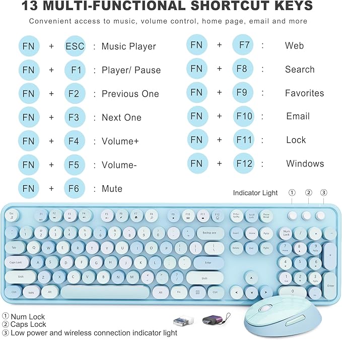 Wireless Keyboard and Mouse Combo Ergonomic Full Size Typewriter Retro Round Keycaps Keyboard Compatible with Windows PC Perfer for Home and Office Keyboards (Blue