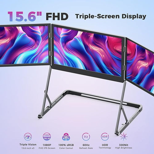 15.6 Triple Laptop Screen Extender 3× FHD 1080P IPS Portable Foldable Triple Monitor USB-C (DP Alt Mode) &amp HDMI Plug n Play Fits 13–17 Laptops Windows/Mac/Android