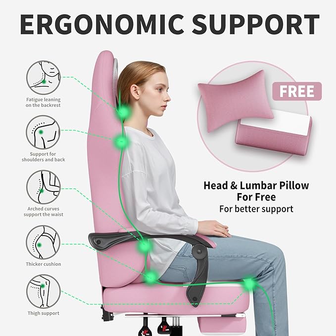 Gaming Chair with FootrestFabric Computer Chair with Pocket Spring CushionHigh Back Comfortable Ergonomic Office Chairs with Lumbar SupportHeight Adjustable Gamer Chair for AdultsPink
