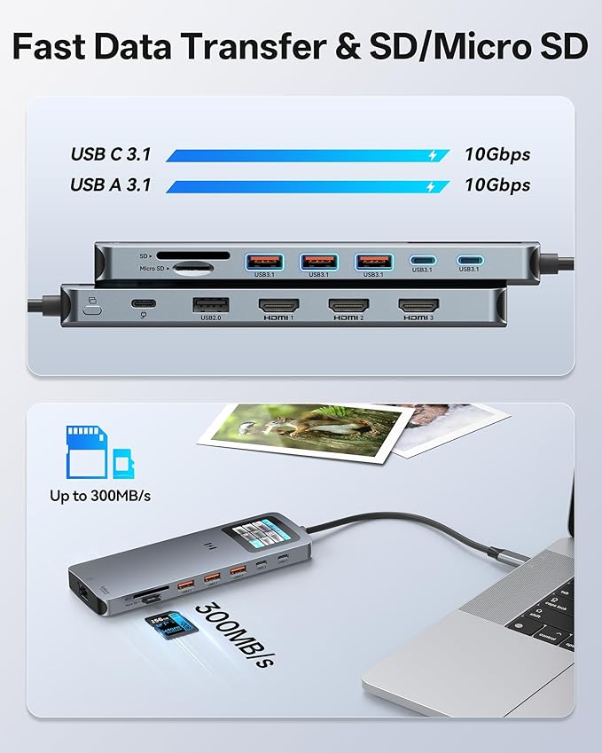 USB C Docking Station 3 HDMI Selore 13-in-1 Laptop Docking Station with Triple 4K HDMI Smart Display 2.5G Ethernet 100W PD 10Gbps USB A/C 3.1 SD/microSD Card Reader for Dell/HP/Lenovo Laptops