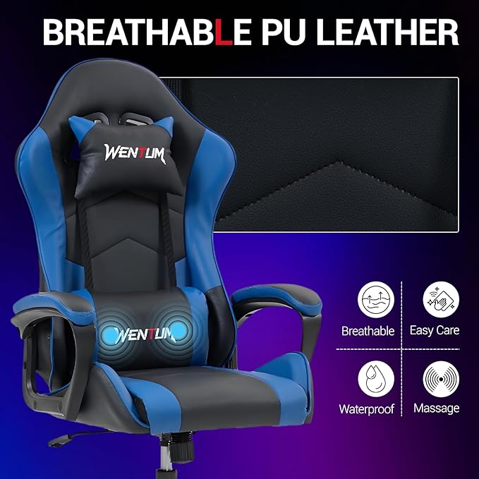 Gaming Chair PU Leather Massage PC Video Game Chair with Lumbar Support for Men Women Home Office Height Adjustable Ergonomic High Back Blue