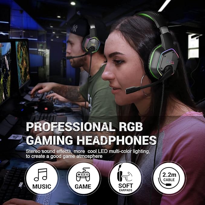 EKSA E1000 Gaming Headset Computer Headphones with Noise Canceling Mic &amp RGB Light Compatible with PC PS4 PS5 Laptop