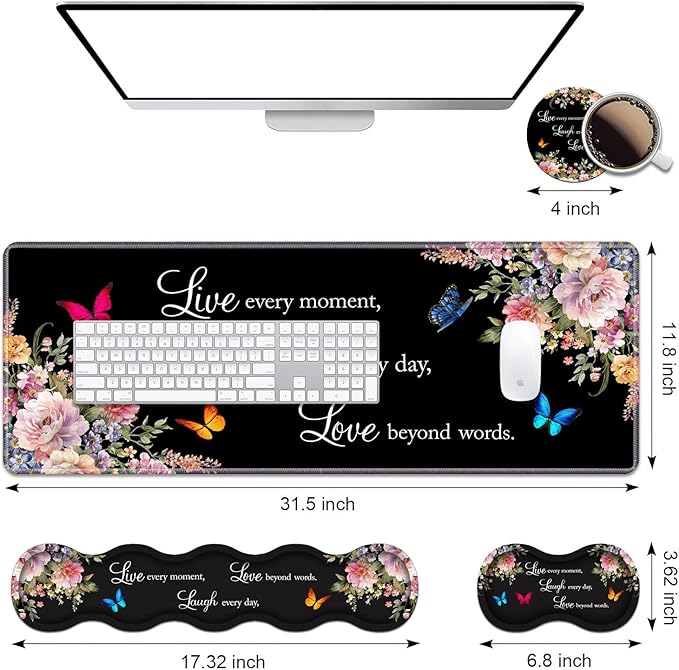 Ergonomic Keyboard Wrist Rest &amp Mouse Pad Wrist Rest Set Large XXL Gaming Desk Mat 31.5x 11.8 with Memory Foam Easy Typing Pain Relief for Office &amp Home Floral Quote Live Laugh Love