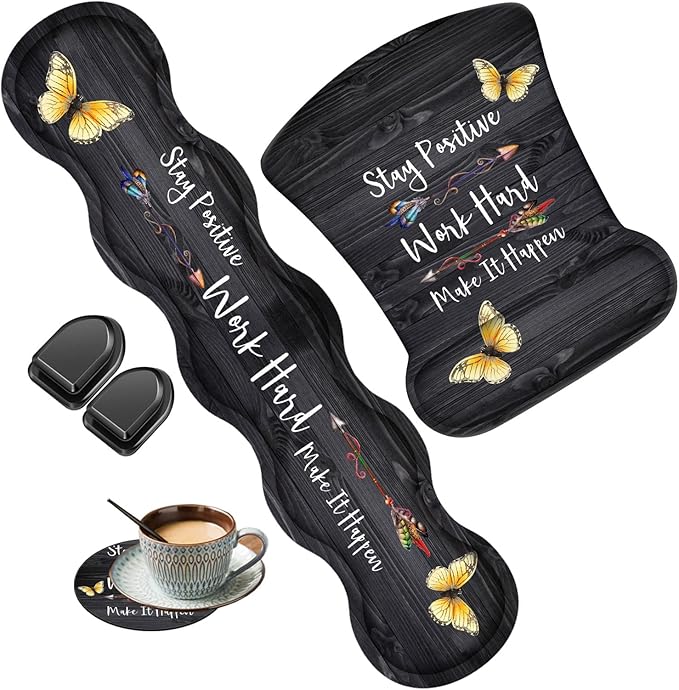 Keyboard Wrist Rest Pad + Wrist Rest Support Mouse Pad + Coaster + Hook Combo Set Ergonomic Relief Wrist Pain Anti-Slip Mouse Pad for Home and Office Stay Positive Work Hard and Make It Happen