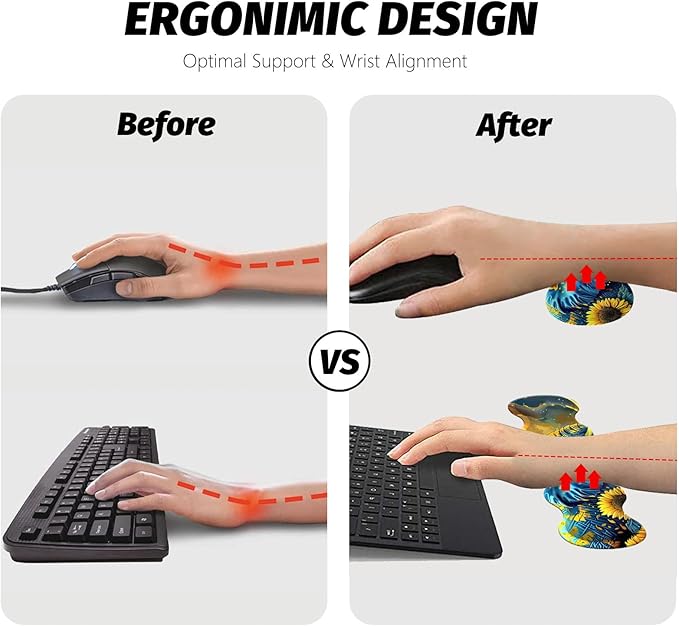 4 in 1 Large Gaming Mousepad Coaster Memory Foam Ergonomic Keyboard Mouse Wrist Rest Non-Slip Rubber Base Stitched Edges Office Desk Mat Protector for Computer Home Office Elephant Sunflower Field
