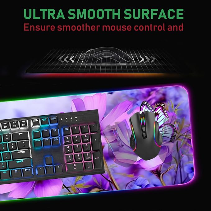 RGB Gaming Mouse Pad and Coffee Coaster XXL Large Glowing LED Mousepad Anti-Slip Rubber Base Computer Keyboard Desk Mouse Mat 31.5 X 11.8 Inch - Purple Flowers and Butterfly