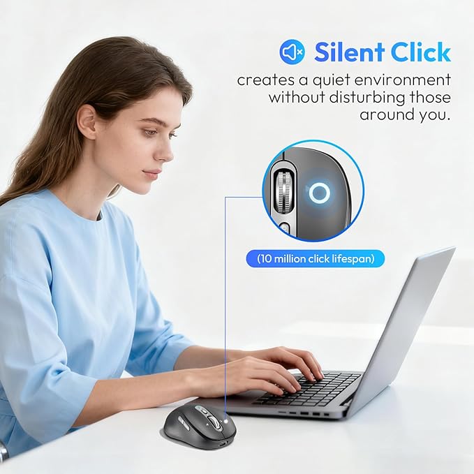 Wireless Bluetooth Mouse Portable Rechargeable Multi-Device4-Level DPIUSB-A Receiver and Two Bluetooth Multi-System4-Way Scrollig for MacBook Air/Pro iPad Laptop Computer. (Grey)