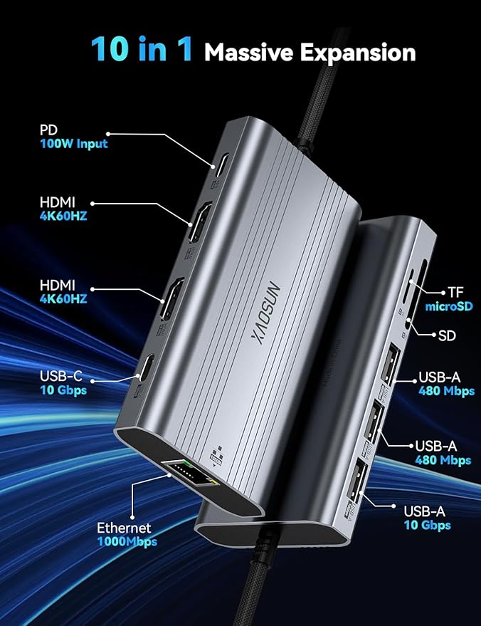 XAOSUN USB C Docking Station Dual Monitor 10Gbps USB C HUB with 2 HDMI 4K@60Hz 10 in 1 USBC Dock with 10Gbps USB A and C Gigabit Ethernet PD 100W SD/TF (microSD) for Lenovo/Mac/Dell/HP/XPS