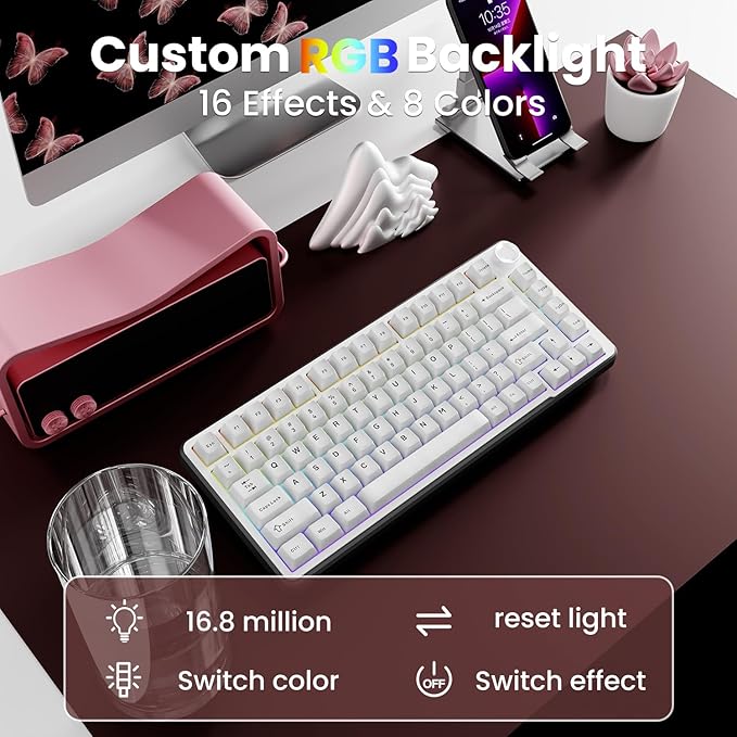 EWEADN GS75 Wireless Mechanical Keyboard ASMR 75% Gaming Keyboard Gasket Hot Swappable Custom Keyboards with RGB Knob PBT Keycaps BT5.0/2.4G/USB-C Creamy Keyboards White
