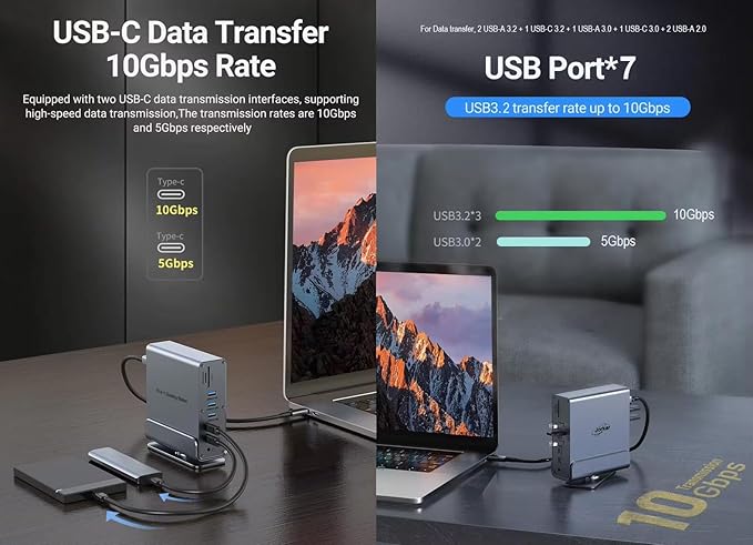 Vertical Laptop Docking Station 3 Monitors 15-in-1 USB C Dock Station Hub Triple Display with 2X 4K HDMI &amp 1x DP 10Gbps USB-C and USB-A 3.2 Data 100W PD Charging+Ethernet+SD/TF+Audio