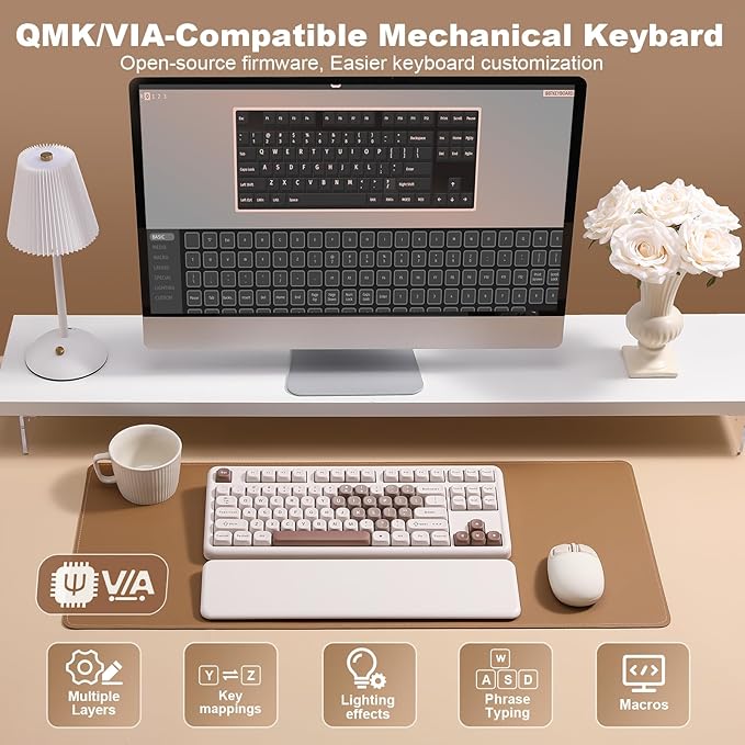 YUNZII B87 Wireless Mechanical KeyboardQMK/VIA ProgrammableTKL Layout 87 KeysBT/2.4G/USB-CHot Swap Gasket Mount RGB Backlit Gaming with Wrist Rest for Win/Mac (Brown Heart Cocoa Cream V2)