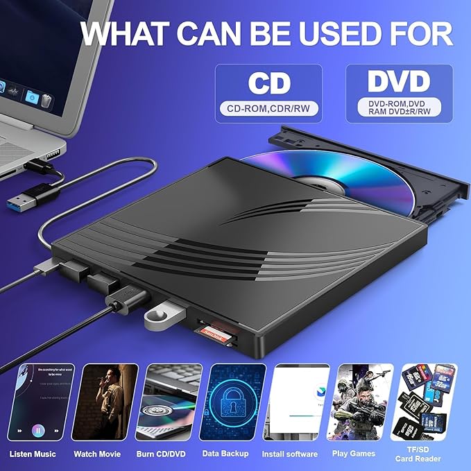 External CD/DVD Drive for Laptop with Carrying CaseDVD Player for LaptopPortable CD Burner with 4 USB Ports 2 TF/SD Card SlotsCD Disk Drive Player Reader Write