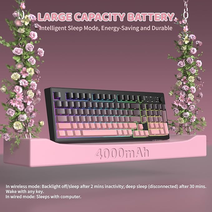 ZIYOU LANG K100 Wireless Gaming Keyboard99 Keys Tri-Mode BT/2.4GHz/USB-C Creamy Color Keyboard with Number Pad RGBMedia Knob Custom Programmable Computer Keyboards for PC/Mac/Xbox (Pink)