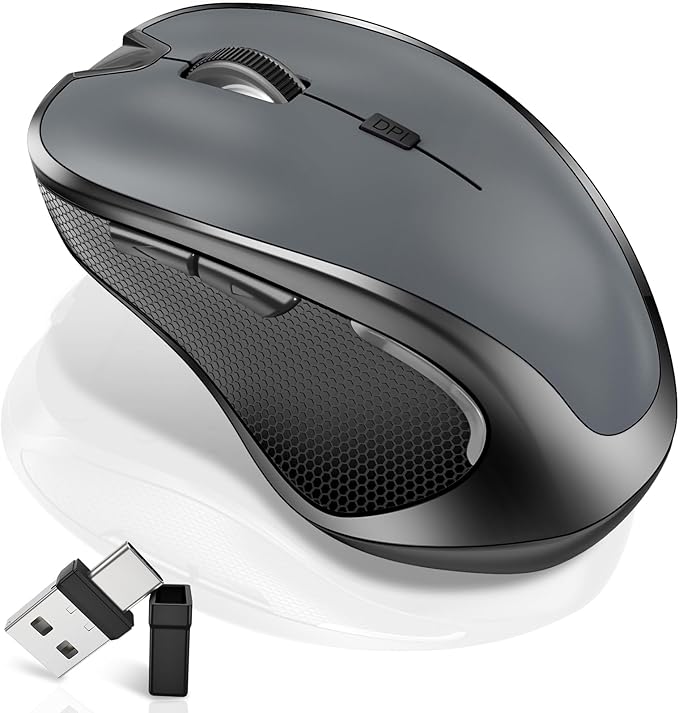Mouse for MacBook Wireless Bluetooth Mouse Laptop MacBook Air Mac Pro Rechargeable Silent PC iPad Optical Mouse with Jiggler Dual Mode Switch Bluetooth 5.2/3.0 and 2.4GHz USB Type-C Receiver Gray