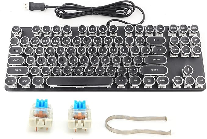 Mechanical Gaming Keyboard Retro Punk Typewriter Style USB Wired Computer Keyboard with RGB Backlit and Round Keycaps Plug and Play Black Ergonomic PC Keyboard for Laptop