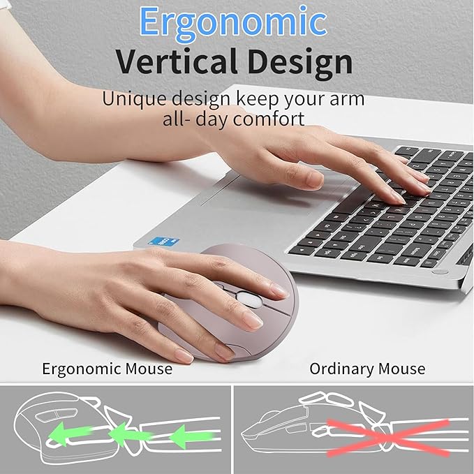 Wireless Silent Ergonomic Vertical Mouse - Dual Mode 2.4G/Bluetooth Rechargeable Type C Pain Relief for Office and Home Use Compatible with Laptop &amp PC (Gray)