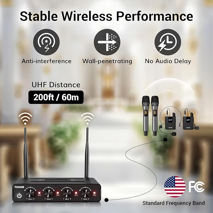 TONOR Wireless Microphone System 4 * 10-Channel UHF Cordless Handheld Mic Set with Headset/Lavalier Lapel Mics Bodypack Transmitter Receiver 60 m/200ft Range for Karaoke Singing Church PA Speaker
