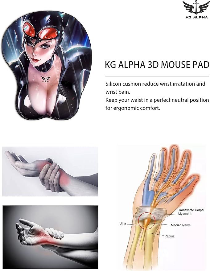 3D Anime Gaming Mousepad Ergonomic Mouse Pad with Wrist Support Rest Mousepad Gel Wrist Rest Memory Foam Non-Slip &amp Pain Relief for Computer Wireless Home&ampOffice KG Alpha Cat Woman