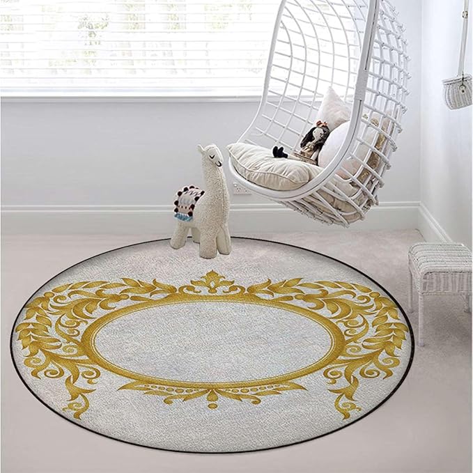 Cream Golden Office Chair Mat Hardwood Floor Computer Desk Mat Anti-Slip Gaming Chair Mat Round Floor Mat Durable Floor Protector of a Frame with Ornaments Floral Patterns Diameter 35.4 in