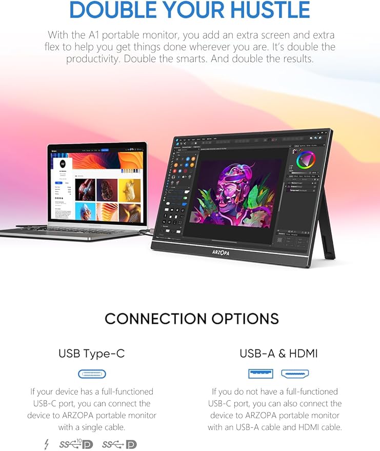 ARZOPA Portable Monitor &amp Sleeve 15.6'' 1080P FHD Laptop Monitor &amp PU Sleeve Bag Combination