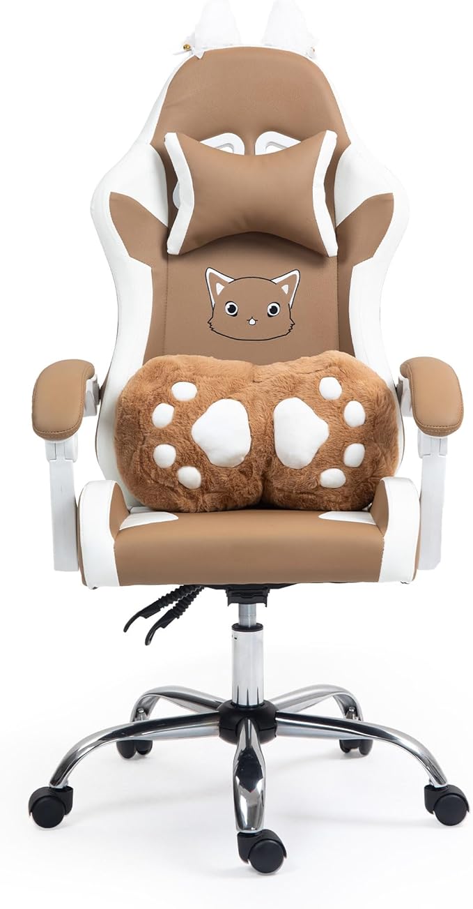 ALEAVIC Gaming Chair with Cat Paw Lumbar Cushion and Cat Ears Reclining PC Game Computer Chairs Ergonomic Gamer Chair for Kids Girls Teens (Brown)
