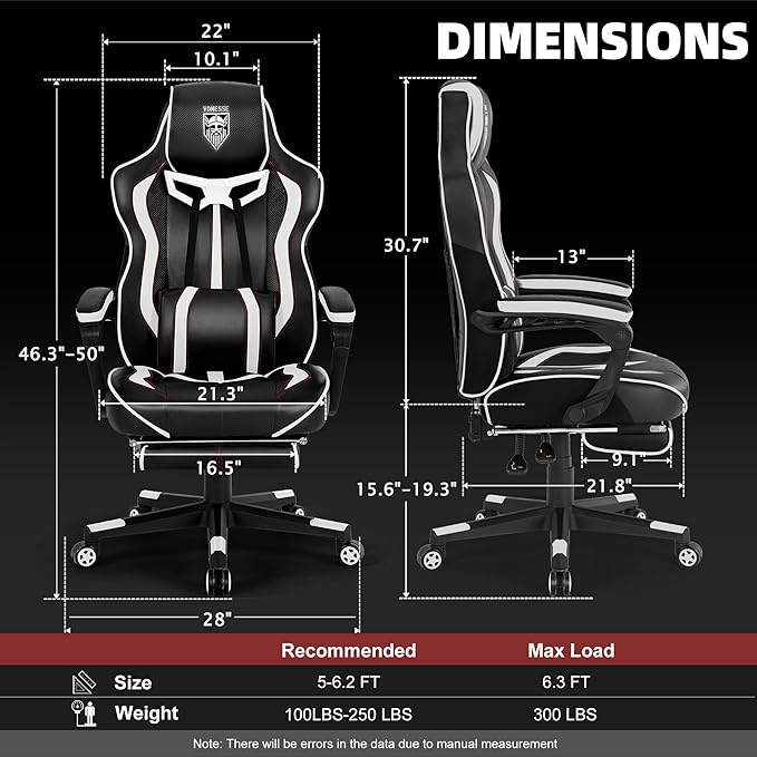 Vonesse Gaming Chair with FootrestReclining Computer Gaming Chair for AdultsBig and Tall Gamer Chair with MassageErgonomic High Back (White/Black)
