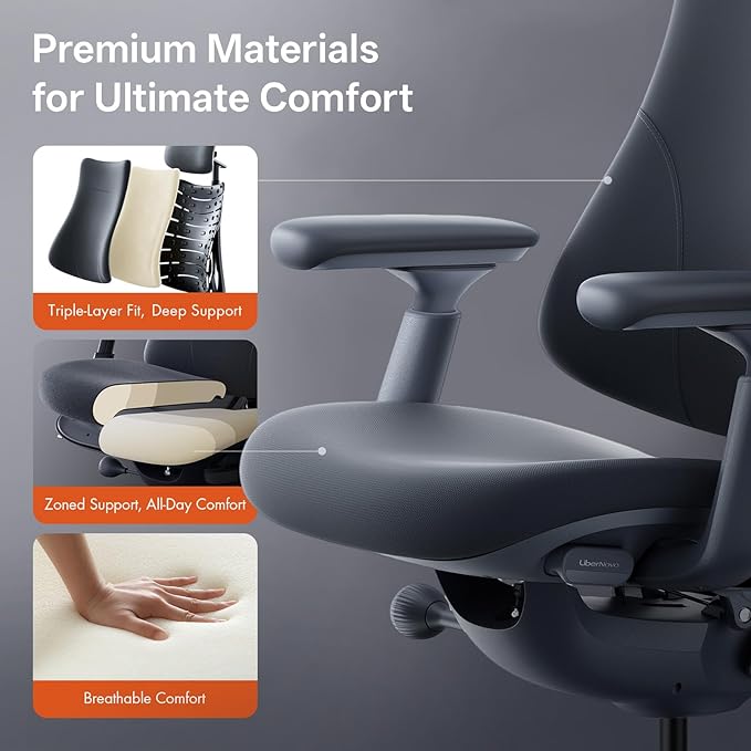 LiberNovo Dynamic Ergonomic Office Chair - Comfy Adjustable Desk Chair with Adaptive Lumbar Support 160° Recline &amp Built-in Spine Stretch for Back Comfort Home Office Long Hours Use Black+48cm