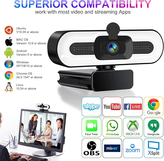 1080P Webcam with Microphone for Desktop USB PC Laptop Computer Camera with Ring Light &amp Webcam Cover 3 Light Colors 110 Wide Angles View Plug and Play