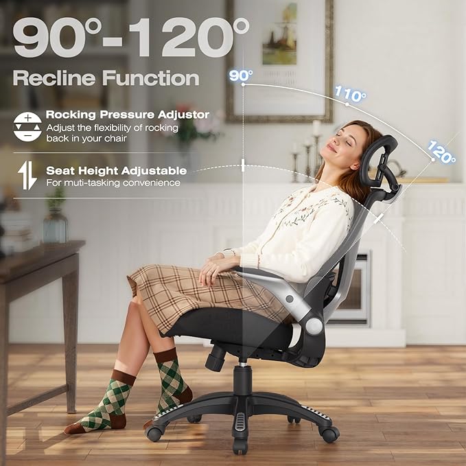 ELABEST X100 Ergonomic Mesh Office Chair Big and Tall Hone Desk Chair with 5D Flip-Up Arms Adjustable 3D Lumbar SupportGaming &amp Executive Computer Chairs for Long Hours Padded Seat
