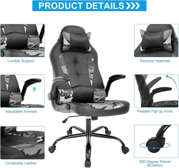 Meet Perfect Gaming Ergonomic Office Desk Chair - Leather Computer With Lumbar Support and Head Pillow - Modern Executive Adjustable Rolling Swivel Task for Home Office Camo