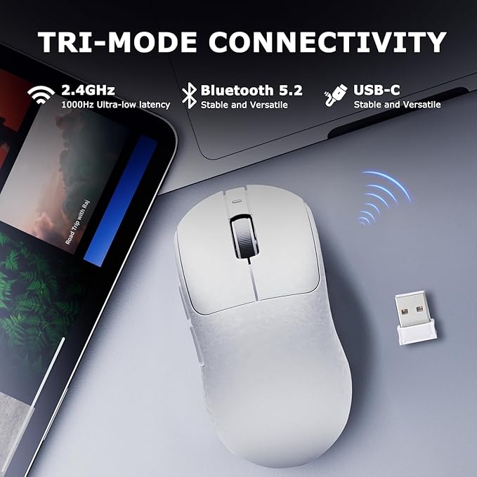 Ajazz AJ199 Wireless Gaming Mouse Carbon Fiber Shell Tri-Mode 2.4G/Bluetooth/USB-C 58g Ultra-Lightweight PAW3311 Sensor up to 24000 DPI 500mAh Battery for PC/Mac/Game/Travel White