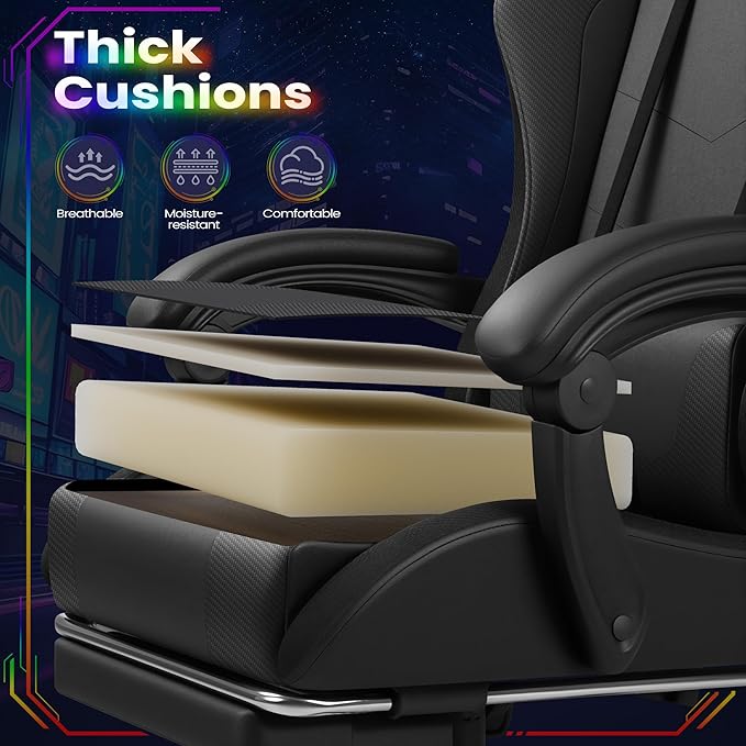 Homall Gaming Chair Video Game Chair with Footrest and Massage Lumbar Support Ergonomic Computer Chair Height Adjustable with Swivel Seat and Headrest (RGB Dark Black)