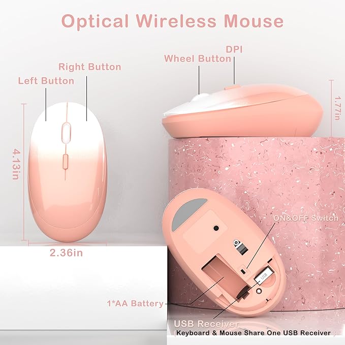 Colorful Wireless Keyboard and Mouse Combo COVEVA 2.4GHz Wireless Retro Cute Round Keycaps Keyboard 104 Keys Full-Sized Keyboard Mouse Set with Switch Button for PC Laptop Desktop (Rose Gradient)