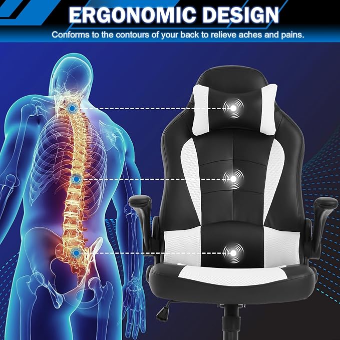 Gaming Chair Racing Chair with Lumbar Support - High Comfort PU Leather Ergonomic Office Desk &amp PC Gaming Chair for Adults Men Women - Flip-Up Arms &amp Headrest White
