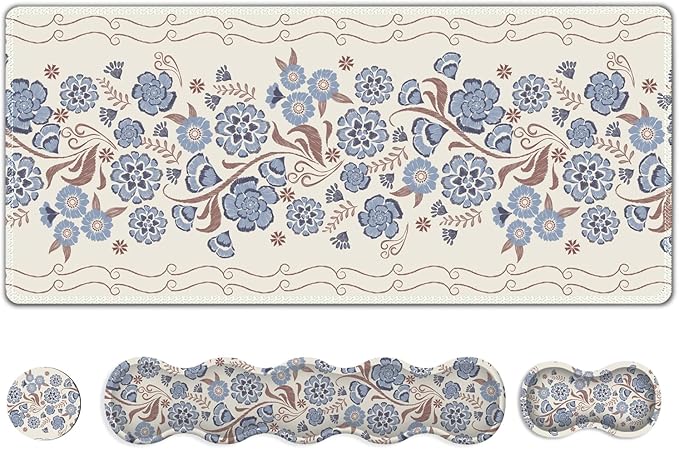 Desk Mat Gaming Mouse Pad Cute Desk Matt Keyboard Wrist Rest for Desktop Anti-Slip Big Mousepad Stitched Edges XXL Large Mouse Pad with Wrist Support for Home Office I Vintage Blue Flower