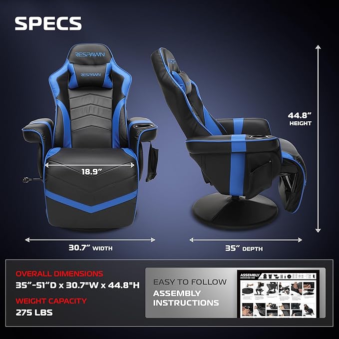 RESPAWN 900 Console Gaming Recliner with Footrest and Lumbar Support - Comfortable Ergonomic Gaming Chair with Headrest No Wheels Reclining Heavy Duty Racing Style Video Game Chairs - Blue