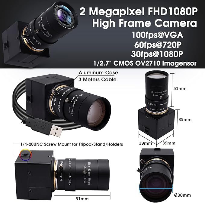 SVPRO 2MP USB Web Camera - 5-50mm 10X Optical Zoom Lens CS Mount 1080P HD CMOS 100fps/60fps UVC Mini Cam OTG Drive Free PC Webcam