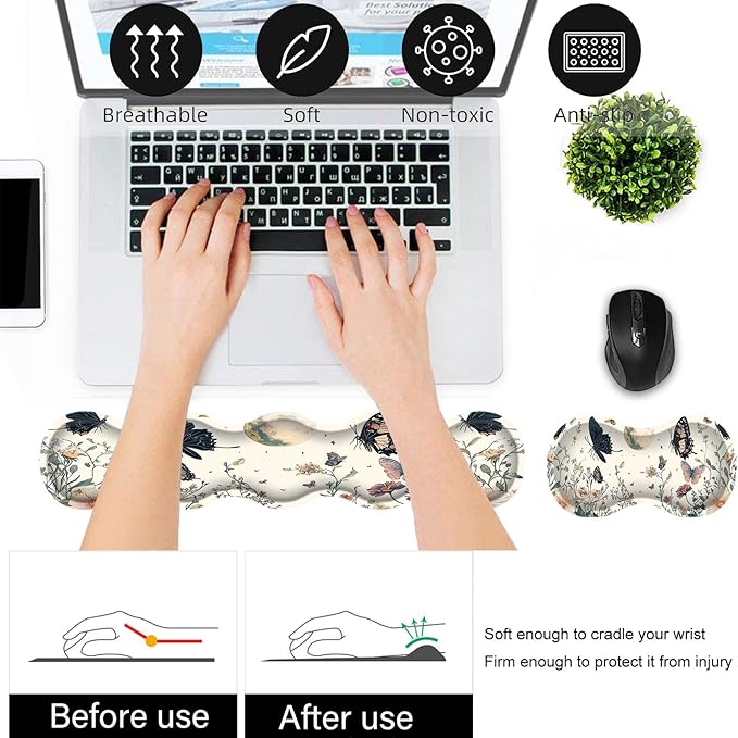 Bxgolkgd Desk Mat SetMouse Pad with Keyboard Wrist Rest &amp Mouse Wrist RestWave-Shaped DesignNon-Slip Rubber BaseErgonomic Desk Mat for HomeOfficeGamingFlower Butterfly