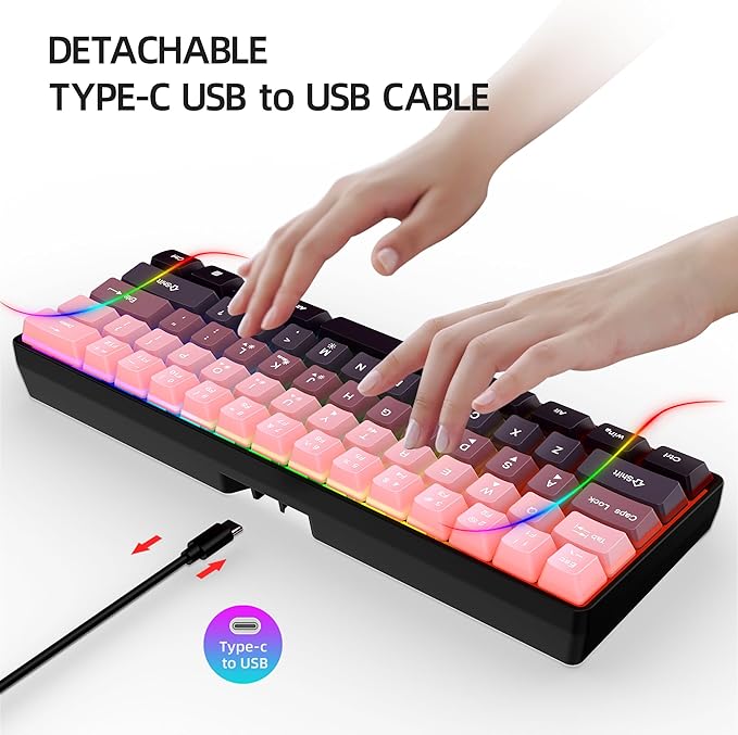 Snpurdiri 60% Wired Gaming Keyboard 61 Keys RGB Backlit Ultra-Compact Small Gaming Keyboard for PC/Mac Gamer Typist Travel Easy to Carry on Business Trip (Pink-Black)