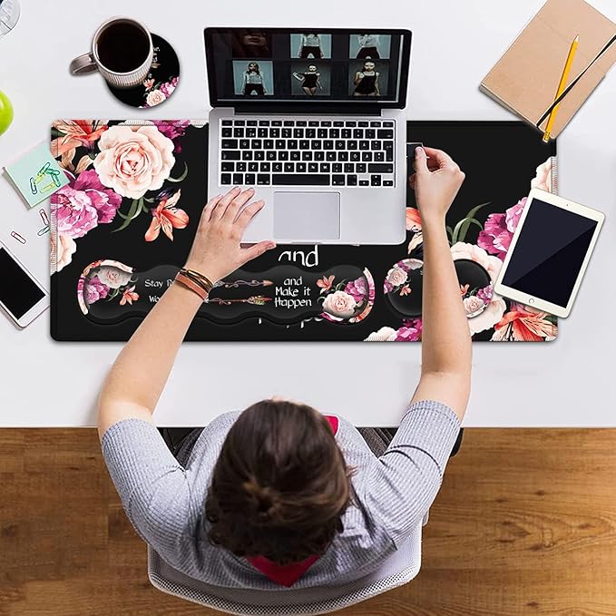 Keyboard Mouse Pad Wrist Rest Support Set Extended Black Gaming Mouse Pad Large XXL Mousepad + Ergonomic Memory Foam Wrist RestOffice Desk Mat Waterproof Writing Pad Work Hard Peony Flower