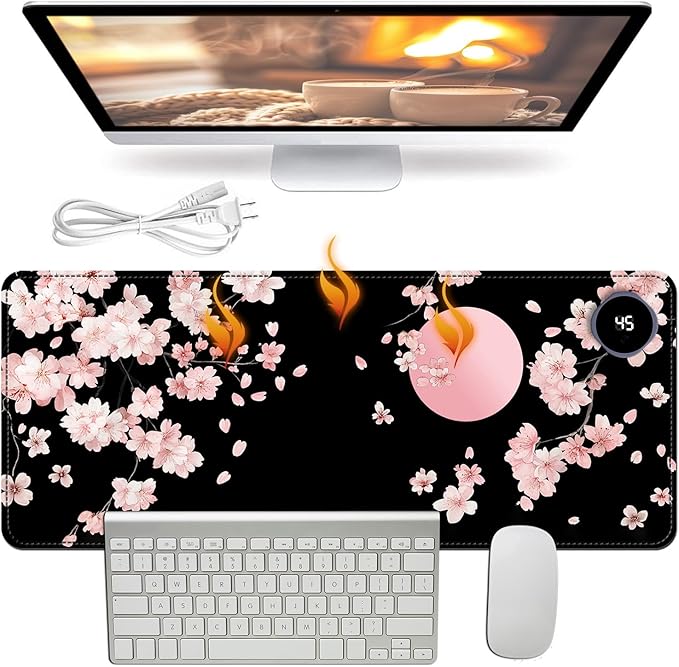 Heated Mouse Pad - 3 Temperature Settings (86°F–122°F)Auto Shut OffLarge 31.5x13 Inch PU Leather Desk Mat for OfficeGamingCold Hands ReliefPink Cherry Blossom Moon