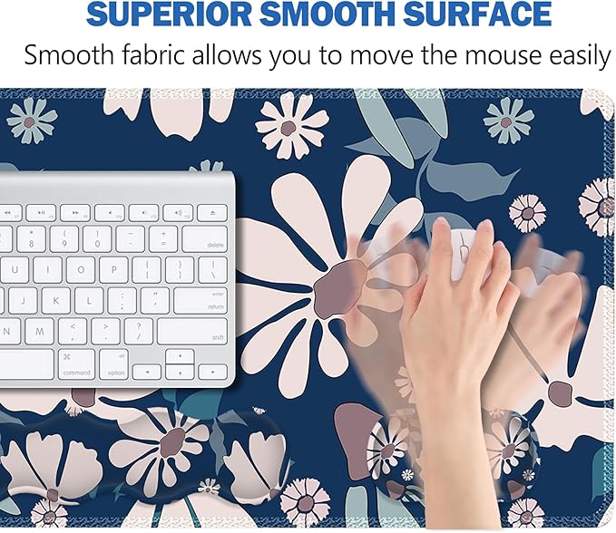 ARTSO Keyboard Mouse Pad Set Blue Flower Large Gaming Mousepad +Keyboard Wrist Rest +Mouse Wrist Rest +Coaster Ergonomic Mousepad Memory Foam Cushion for Home Office