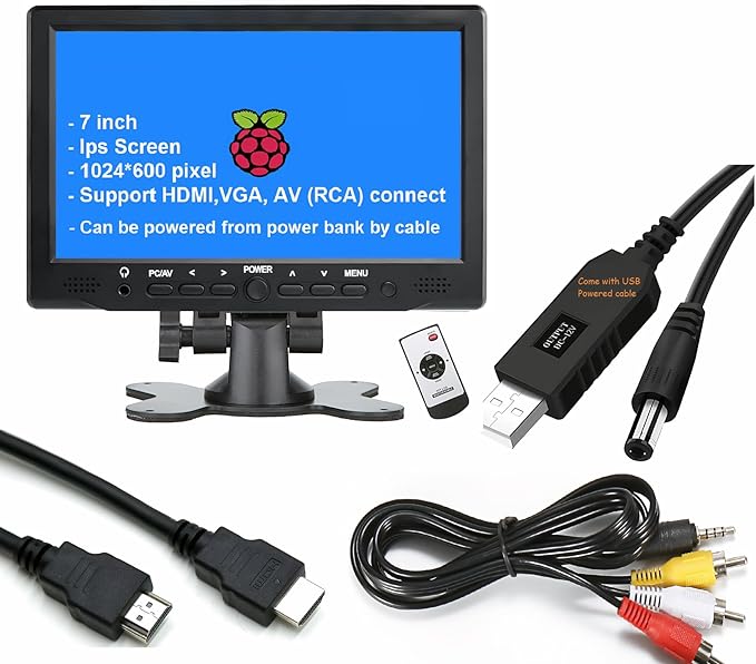 7 inch Small HDMI VGA AV RCA Monitor 1080P Second Screen for PC/Security System/Game Console IPS 1024X600 Pixels 60HZ Built in Loud Speakers &amp Earphone Jack 12V USB Power Cable for Portable Us