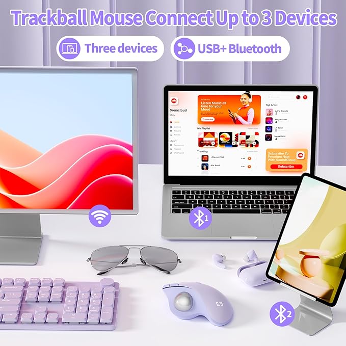 seenda Wireless Trackball Mouse Bluetooth - Ergonomic Rollerball Mouse Rechargeable 3 Device Connection Optical Mice Adjustable DPI Thumb Control Mice Compatible for Mac/Android/Windows-Light Purple
