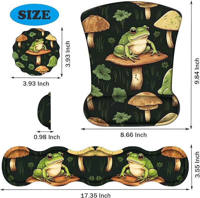 Ergonomic Keyboard Wrist Support Pad and Wrist Support Mouse Pad Anti-Slip with Gel Memory Mouse Pad Set Suitable for Office Use/Home Use - Adorable Frog Mushrooms